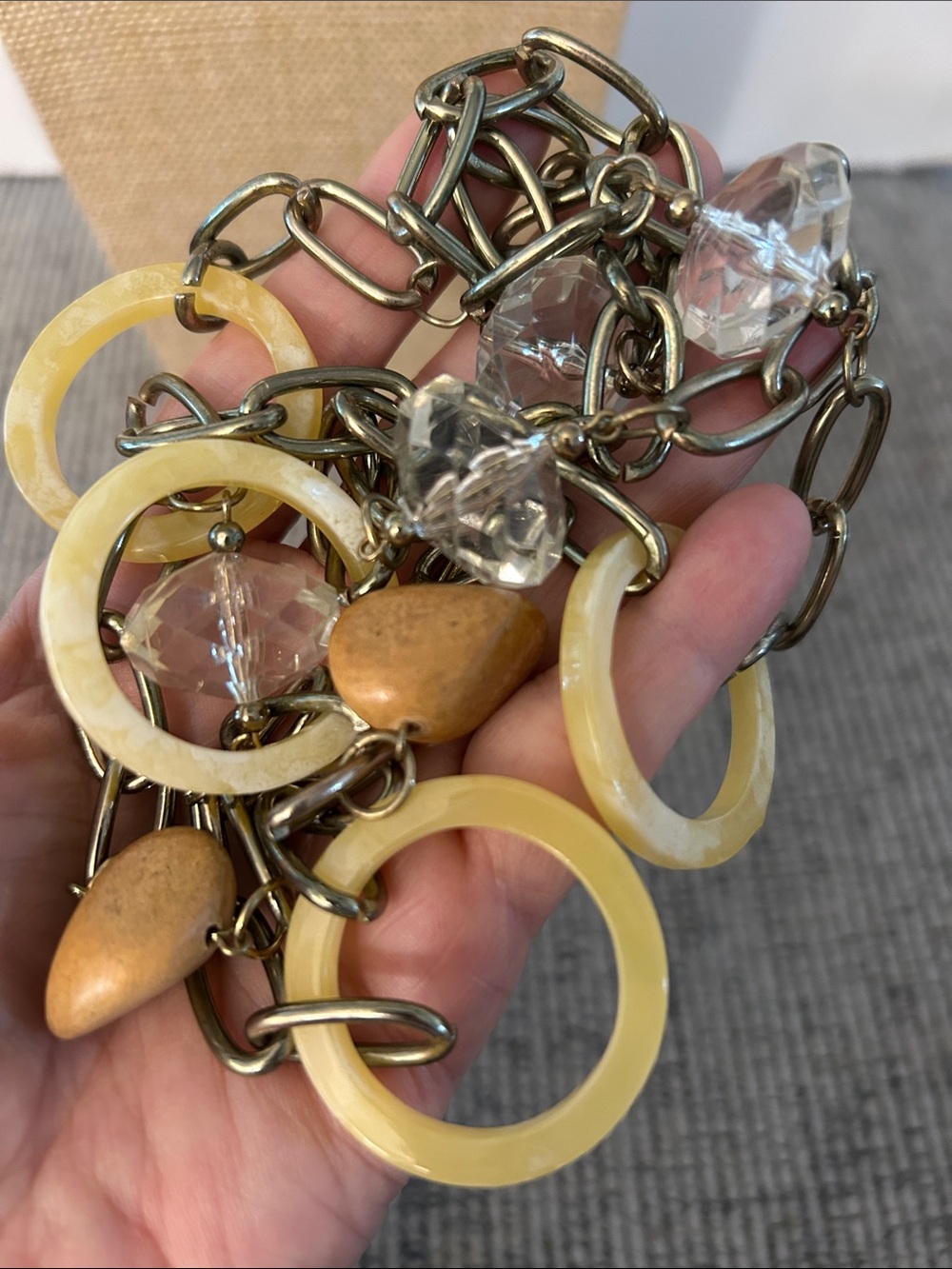 Yellow acrylic & goldtone chain Statement Necklace 21” long yellow clear tan - Picture 4 of 6